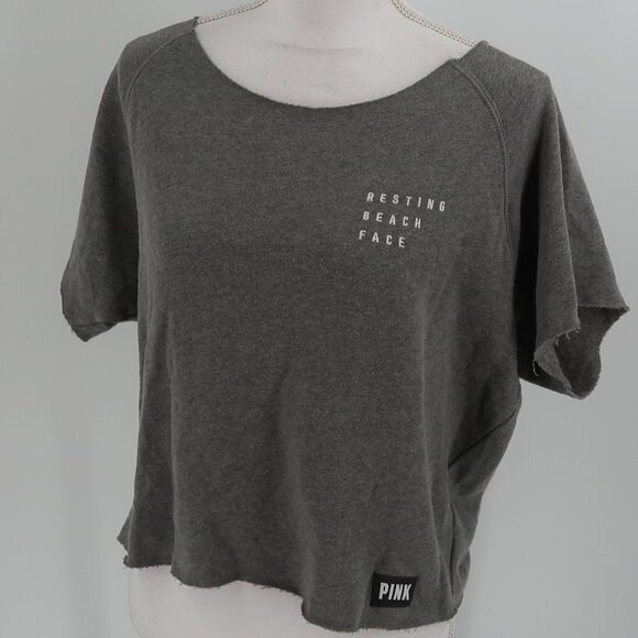 Victoria's Secret Pink Cut off Gray Sweatshirt Lace up Back Resting Beach Face M - Picture 1 of 7
